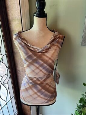 Milk & Honey Sheer Plaid Cowl Neck Sleeveless Top - Taupe & Lavender
